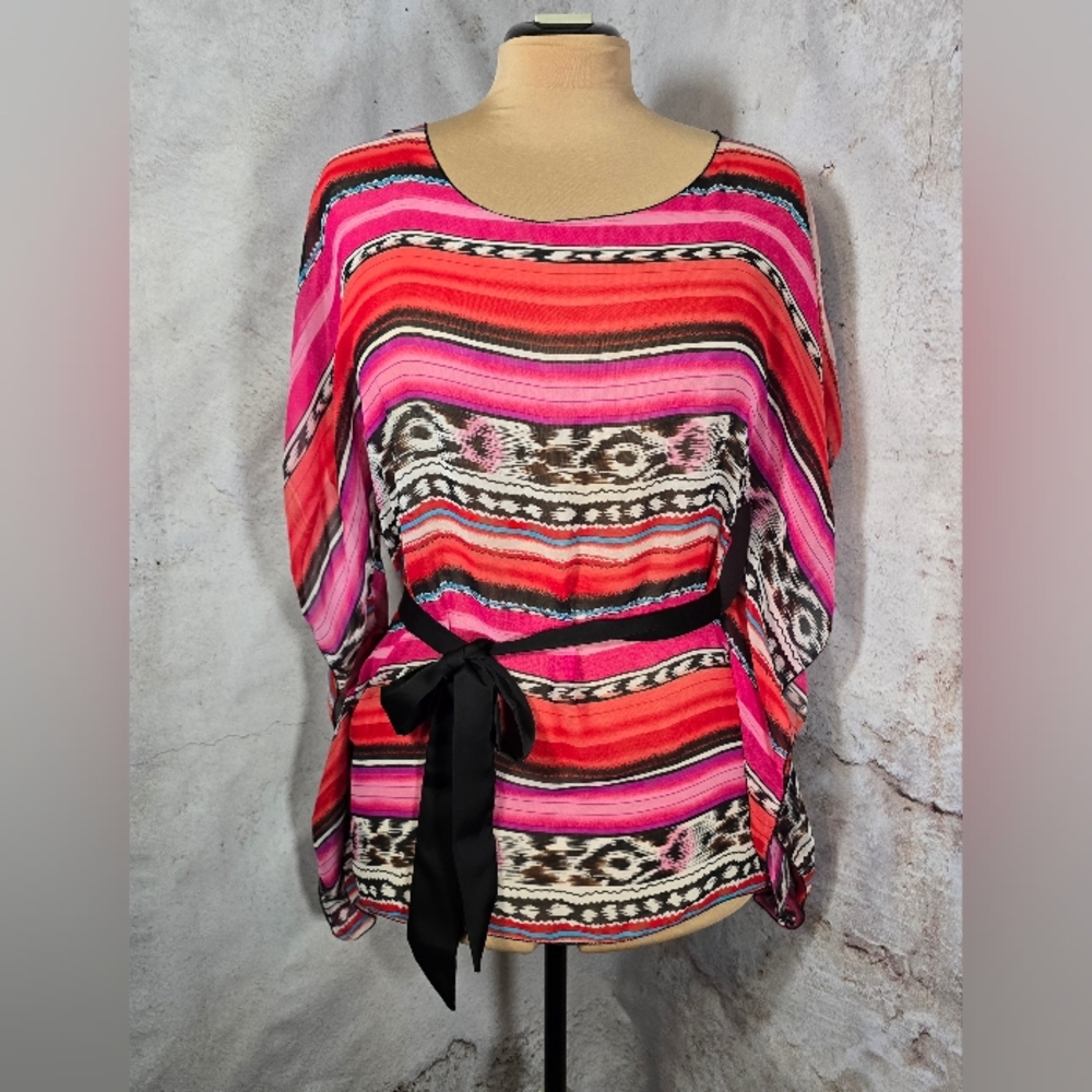 Medium Pink Orange Black White Sheer Serape Aztec Poncho Top